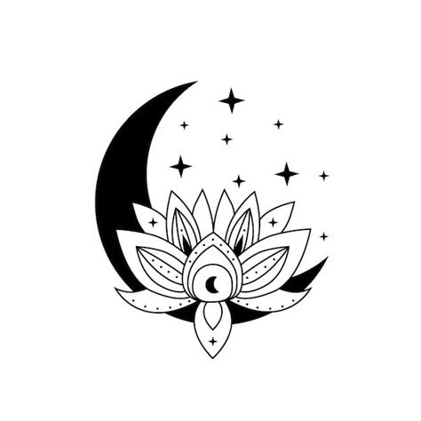 Lotus Flower Crescent Moon Tattoo, Lotus Crescent Moon Tattoo, Moon Lotus Flower Tattoo, Lotus Flower And Moon Tattoo, Lotus Moon Tattoo, Moon And Lotus Tattoo, Crescent Moon Tattoo Meaning, Lotus Outline, Zen Logo