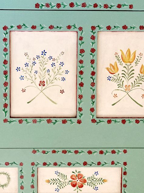 Furniture - Folk Florals – Tess Newall Folk Art Decorating, Simple Folk Art Designs, Folk Art Wall Painting, Folk Art Inspiration, Folk Painted Cabinet, Swedish Painted Furniture Folk Art, How To Paint Folk Art Step By Step, Folk Art On Furniture, Folk Art Bedroom