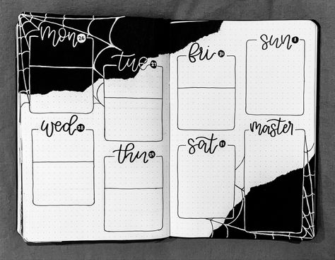 October Bujo Weekly Spread, Spooky Journal Ideas, Halloween Bujo Spreads, Black And White Bujo Theme, Spooky Bujo Spreads, Spooky Journal, Halloween Bujo Theme, October Bujo Theme, Bujo October Theme