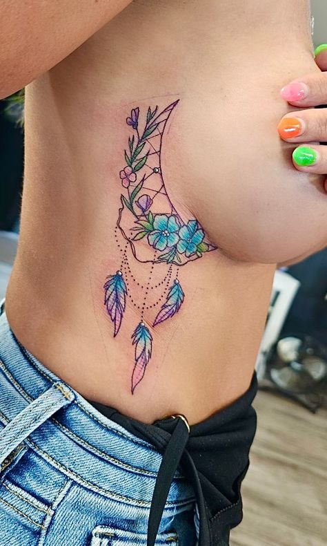 Side tattoo, women, half moon, dreamcatcher, flowers, feathers Dreamcatcher Feather Tattoo, Dream Catcher Tattoo Design For Women, Side Tattoo Women, Dream Catcher Thigh Tattoo, Dream Catcher Tattoo On Thigh, Dreamcatcher Tattoo Thigh, Dreamcatcher Tattoos, Side Tattoos Women, Side Thigh Tattoos