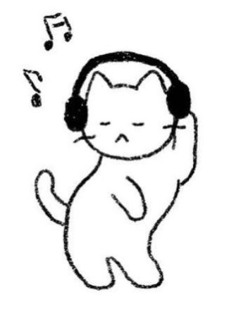 Music Related Doodles, Cat Music Tattoo, Cute Music Drawings, Dancing Cat Drawing, Cat Listening To Music Drawing, Cat With Headphones Drawing, Cat Eye Drawing, Cat Hand Drawing, Cat Drawing Sketches