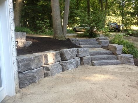 Backyard Hardscaping, Rock Retaining Walls, Acreage Landscaping, Landscape Stairs, Fire Pit Landscaping, Stone Landscaping, Landscaping Retaining Walls, Garden Stairs, Concrete Stairs