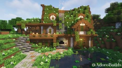 Minecraft House Moss Roof, Moss Roof Minecraft, Mossy Cottage, Minecraft Garden, Mc Builds, Minecraft House Plans, Minecraft Farm, Minecraft Cottage, Minecraft House Tutorials