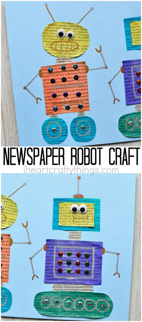 Painted Newspaper Robot Craft! A great craft that uses recycled newspaper! Shapes Preschool Crafts, Recycled Crafts Kids Preschool, Paper Robot, Preschool Shapes, Shapes Craft, Robot Craft, Recycle Newspaper, Recycled Crafts Kids, Journal D'art