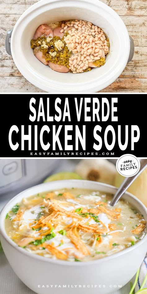 Break out the slow cooker for this easy Salsa Verde Soup recipe with chicken! This Crock Pot chicken soup couldn’t be easier to make. Layer chicken, onions, garlic, seasonings, white beans, and and a jar of flavorful salsa verde in your slow cooker, turn it on, and go about your day. Later on, you’ll come home to delicious Salsa Verde Chicken Soup, simmering and ready to top with sour cream, cheese, and tortilla chips. Yum! Rotisserie Chicken Salsa Verde, Green Salsa Chicken Soup, Green Chili Chicken Soup Recipes, Shredded Chicken Soup Crockpot, Salsa Verde Soup, Salsa Verde Chicken Soup, Crock Pot Chicken Soup, Soup Recipe With Chicken, Easy Salsa Verde