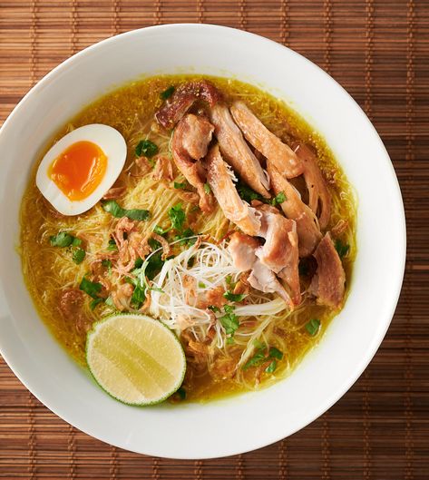 soto ayam - indonesian chicken noodle soup - glebe kitchen Soto Ayam Recipe, Spicy Soup Recipes, Indonesian Chicken, Sup Ayam, Spicy Soup, Rice Vermicelli, Homemade Noodles, Crispy Fried Chicken, Chicken Noodle Soup