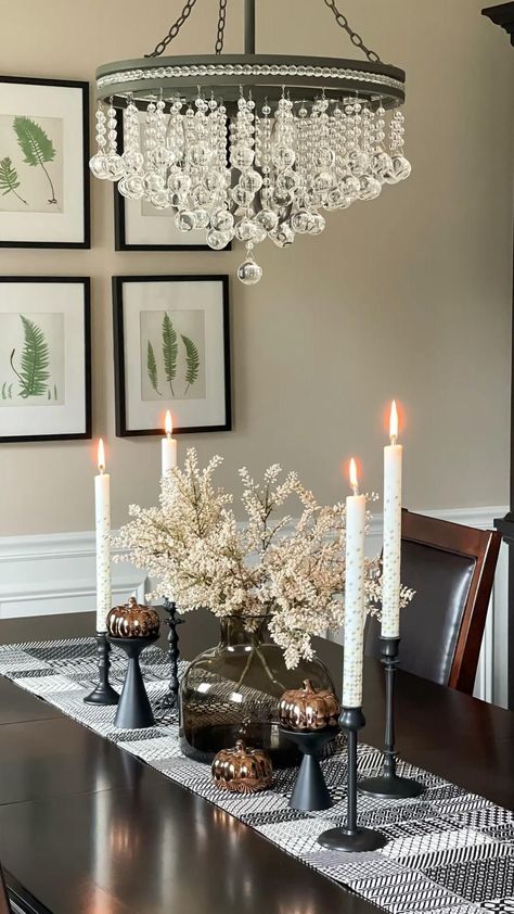 Dining Room Centerpiece Candlesticks, Dining Room Decor Centerpiece, Elegant Dining Room Table Runners, Gold Centerpieces Dining Room, Floral Dining Room Centerpiece, Farmhouse Bling Decor, Tablescapes Ideas Everyday Dining Tables, Candlestick Dining Table Centerpiece, How To Style Rectangle Dining Table