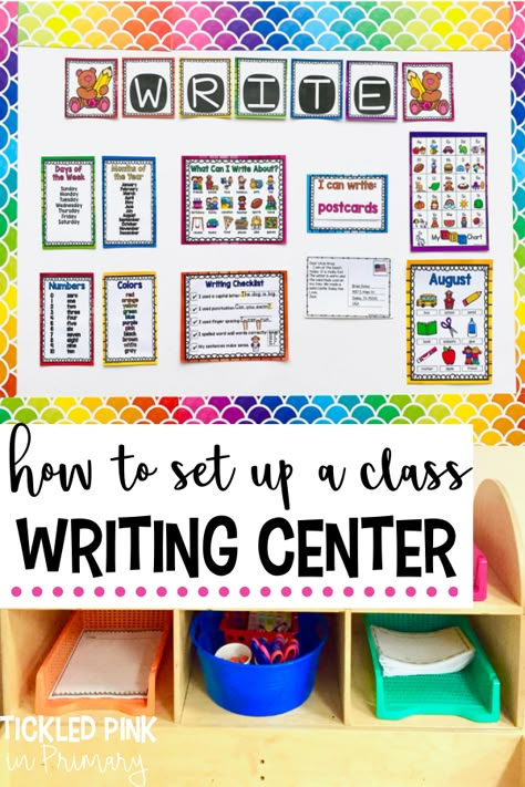 I'm sharing ideas and tips for setting up your writing center for your kindergarten, first grade, or even 2nd grade classroom! The tips include how to organize, implementing student choice, and much more! There's even inspiration for decorating your writing center bulletin board. Writing will soon be your students favorite part of the day! Writing Center Bulletin Board Preschool, Preschool Writing Center Set Up Ideas, Writing Bulletin Boards Kindergarten, Creative Writing Center Ideas, Writing Center First Grade Set Up, Classroom Writing Center 2nd Grade, Writing Station 2nd Grade, Writing Bulletin Boards First Grade, Kindergarten Writing Wall