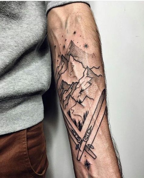 mountain-landscape-skiing-forearm-tattoo-arm-tattoos-for-men-man-wearing-grey-blouse Upper Arm Tattoo Mountains, Inside Tattoo, Skiing Tattoo, Bicep Tattoos, Tattoo Mountain, Arm Tattoos For Guys Forearm, Simple Forearm Tattoos, Christian Sleeve Tattoo, Tattoos Men