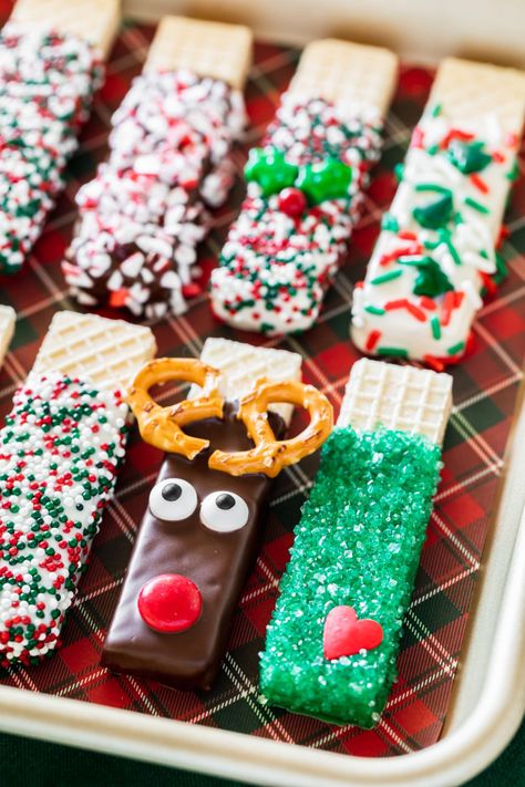 Christmas Sugar Wafer Cookies - A Pumpkin And A Princess Christmas Desserts Party, Chocolate Dipped Cookies, Reindeer Cookies, Easy Christmas Treats, Christmas Baking Recipes, Holiday Sprinkles, Christmas Sprinkles, Christmas Candy Recipes, Wafer Cookies