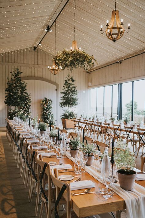 Potted plant decor for the table setting with black candles and lots of greenery Rustic Wedding Banquet Tables, Plant Table Setting, Plant Centerpieces Wedding Round Table, Potted Plants Wedding Table, Primrose Hill Farm, Banquet Style Wedding Tables, Rustic Table Setting Wedding, Potted Plants Wedding Decor, Wooden Table Wedding Decor