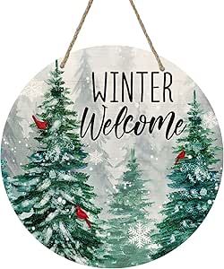 Deroro Winter Welcome Sign for Front Door Decor, Winter Farmhouse Pine Trees Cardinal Bird Wood Door Hanger for Outdoor Outside Porch, Rustic Snowflakes Wooden Wreath Wall Hanging Decoration Front Door Decor Winter, Winter Welcome Sign, Winter Farmhouse, Sign For Front Door, Wood Door Hanger, زجاج ملون, Welcome Winter, Wooden Wreaths, Winter Signs