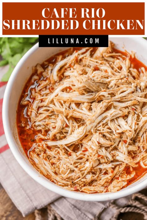 Copycat Cafe Rio Shredded Chicken - a simple and delicious chicken recipe that is perfect for salads, burritos, quesadillas and tacos! #caferio #caferiorecipe #chicken #shreddedchicken #copycatrecipe Cafe Rio Shredded Chicken, Copycat Cafe Rio, Cafe Rio Recipes, Cafe Rio Chicken, Apartment Meals, Shredded Chicken Recipe, Asian Steak Bites, Creamy Pasta Bake, Cafe Rio