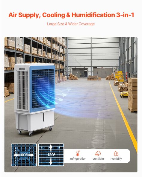 Evaporative Air Cooler 4129 CFM with 12.7 Gal Water Tank Portable Swamp Cooler 360° Durable Wheels Easy-Grip Handle Top Water Inlet 3 Wind Speeds Premium Quality Portable and Convenient Noise Level: ≤65dB,Air Volume: 4129 CFM,Water Tank: 12.7 Gal/48 L,Color: White + Blue,Item Model Number: JH-43Y,Product Dimensions: 22.83 x 15.75 x 46.46 in/580 x 400 x 1180 mm,Net Weight: 35.71 lbs/16.2 kg,Power: 175W,Main Material: PP Swamp Cooler, Evaporative Air Cooler, Evaporative Cooler, Air Cooler, Noise Levels, Water Tank, Lowest Price, Premium Quality, Color White