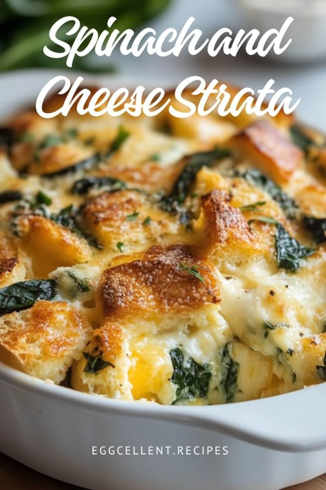 If you are looking for a hearty and delicious meal that can be served for breakfast, lunch, or dinner, this Spinach and Cheese Strata is the perfect choice. Ham And Cheese Strata, Healthy Eggs Breakfast, Breakfast Ideas Healthy Eggs, Cheese Strata Recipe, Brunch Menu Ideas Easy, Eggs Breakfast Recipes, Healthy Easy Breakfast Ideas, Strata Recipes Breakfast, Breakfast Ideas Healthy Easy