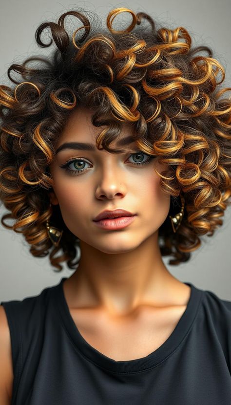 A curly bob with bold highlights for a vibrant and fun look 🌟 #CurlyBobWithHighlights #BoldHighlights Short Curly Hair With Blonde Highlights, Black Curly Hair With Highlights, Short Black Curly Hair, Curly Hair With Highlights, Bold Highlights, Bob With Highlights, Hair With Highlights, Black Curly, Black Curly Hair