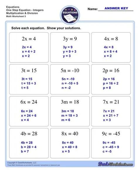 The one step equations worksheets on this page include problems with integers and fractions for a variety of math operations. These basic algebra worksheets are appropriate practice for 6th grade, 7th grade and 8th grade students. Full answer keys are included on the second page of each PDF file. https://www.dadsworksheets.com Grade 8 Math Worksheets With Answers, Basic Algebra Worksheets For Grade 6, Grade 10 Math Notes Philippines, Gen Math Notes Grade 11, Grade 7 Math Worksheets With Answers, Grade 6 Math Notes, 9 Grade Math, Math Worksheets Highschool, Math For 7th Grade