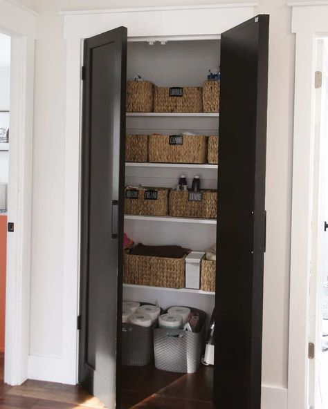 Black Kitchen Pantry Doors, Small Double Door Pantry, Pantry Double Door Ideas, Pantry No Door, Pantry Double Doors, Black Pantry Door, Double Door Pantry, Double Pantry Doors, Modern Farmhouse Pantry