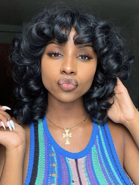 Wavy Bob With Bangs Black Women, Bouncy Curls Short Hair, Fluffy Curls Black Women, Big Curls Short Hair, Dressy Hairstyle, Fluffy Bob Black Women, Loose Curly Wig, Curly Wig For Black Women, Curls Styles