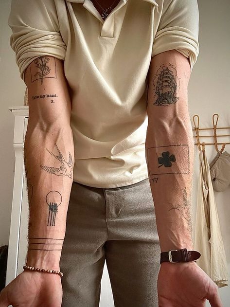 Mens Patch Work Arm Tattoos, Symbolic Forearm Tattoo, Forearm Tattoo Patchwork Men, Mens Fine Line Tattoo Sleeve, Tattoo Placement Inspiration, Man Patchwork Tattoo, Skinty Fia Tattoo, Mens Tattoo Patchwork, Cool Patchwork Tattoos Men