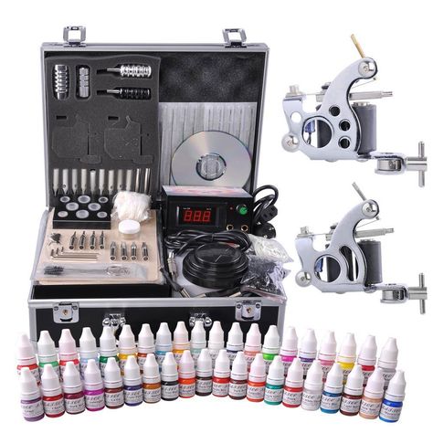 2 Guns Tattoo Machine Kit w/ LCD Power Supply 40 Color Inks & Case La Ink Tattoos, Tattoo Oil, Professional Tattoo Kits, Mother And Son Tattoo, Tattoo Healing, Tattoo After Care, Cream Tattoo, Tattoo Machine Tattoo, Tattoo Family