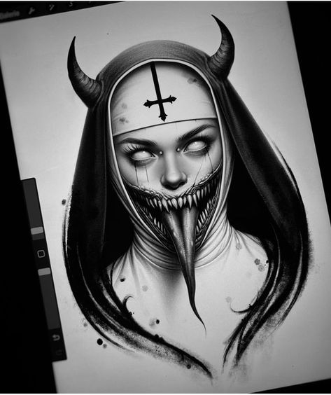 Demonic Nun Tattoo Design, Demonic Nun Tattoo, Demonic Nun, Nun Tattoo, Tattoo Art Drawings Sketches, Celebrity Art Drawings, Medusa Tattoo Design, Evil Tattoo, Black Art Tattoo