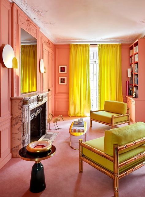 Pinks and yellows have always been a favorite of mine. Analogous color harmony is one of my favorites. Harmony Design, Sala Grande, Contemporary Apartment, Design Del Prodotto, A Living Room, Pink Walls, Residential Design, Architectural Digest, Home Fashion