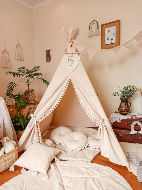 Teepee for Kid Boho Style Gift Idea for the First Birthday - Etsy UK Baby Tent, First Birthday Girl, Kids Teepee Tent, Pom Pom Pillows, Teepee Kids, Teepee Tent, Boho Kids, Play Tent, Play Space