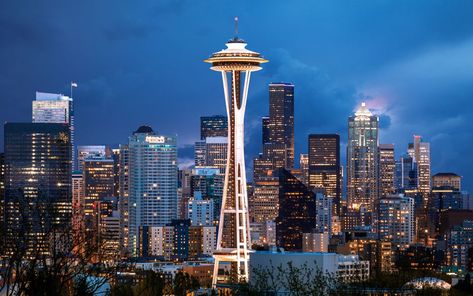 Seattle City Skyline, City Skyline At Night, Skyline At Night, Space Needle Seattle, Seattle City, Lake Union, Office Buildings, States In America, Iconic Buildings