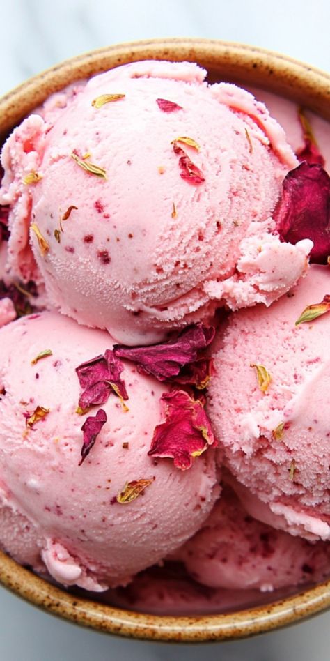 If you love elegant, sophisticated floral and fruity dessert ideas, this raspberry rose ice cream recipe is for you! Easy to make - no ice cream maker required! - and the perfect light, summery treat. Raspberry Ice Cream Aesthetic, Annelise Aesthetic, Fruity Dessert Ideas, Spring Ice Cream, Lavender Dessert, Aesthetic Ice Cream, Summer Birthday Parties, Ice Cream Pictures, Week Detox