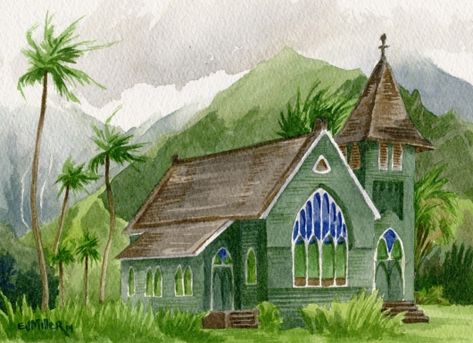 Wai'oli Church, Hanalei - Kauai artwork, Hawaii watercolor painting by artist Emily Miller, church, green, hanalei, mountains, palm trees art Hawaiian Wall Art, Hawaiian Landscape, Hawaii Art Print, Hawaii Painting, Ocean Art Painting, Hawaii Wall Art, Tropical Palm Trees, Forest Grove, Hawaii Art