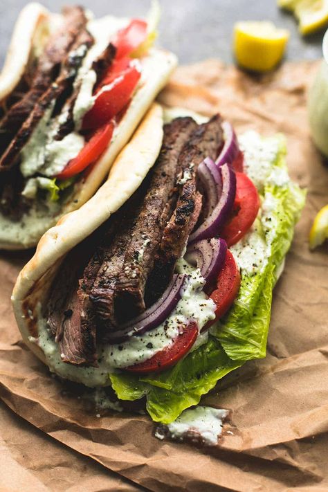 Steak Gyros with Tzatziki Cucumber Sauce | lecremedelacrumb.com Cucumber Sauce For Gyros, Sauce For Gyros, Gyro Recipe Beef, Steak Gyros, Beef Gyro, Simple Marinade, Cucumber Sauce, Greek Gyros, Gyro Recipe