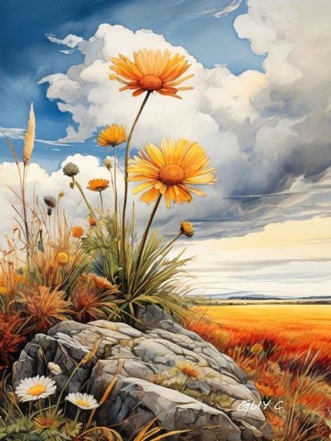 Flowers In Field, Canvas Without Frame, Rock Flowers, Landscape Art Painting, Nature Art Painting, Diy Canvas Art Painting, Paint By Numbers, Flower Art Painting, Paint By Number Kits