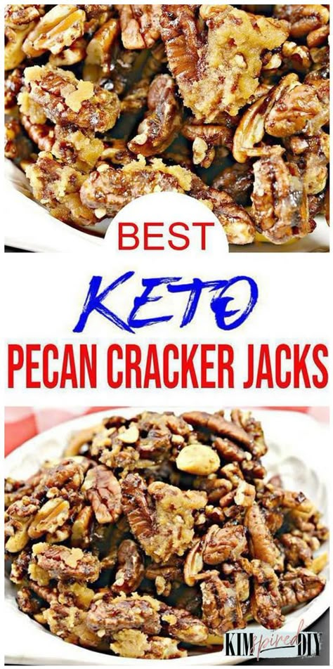 BEST homemade cracker jacks recipe. EASY low carb copycat cracker jacks idea. Simple candied pecans for snacks - grab & go snacks for work or school. Skip the chips & crackers for these tasty treats. Make for Fall recipes for Thanksgiving, Christmas or Halloween. Low carb snacks you don't want to pass up. Get ready to make the best gluten free sugar low carb cracker jacks. Keto Pecans, Keto Cracker, Pecan Recipe, Keto Snacks Easy, Low Carb Candy, Low Carb Crackers, Caramel Recipe, Pantry Food, Breakfast Keto