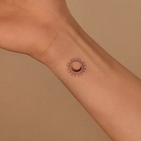 Moon tattoo, sun tattoo, astrology, galaxy, small tattoo, tattoo Galaxy Small Tattoo, Sun Ring Tattoo, Solar Eclipse Tattoo Ideas, Small Sun Moon And Stars Tattoo, Solar Eclipse Tattoo Design, Sun And Moon Tattoo Placement, Moon Star And Sun Tattoo, Eclipse Tattoo Minimalist, Solar Eclipse Tattoo