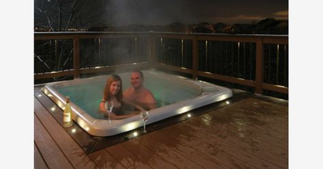 Hot Tub In Deck, Recessed Hot Tub, Outdoor Recessed Lighting, Deck Stair Lights, Hot Tub Landscaping, Led Pool Lighting, Led Deck Lighting, Hot Tub Deck, Porch Addition