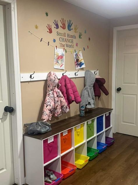 Home Daycare Cubby Ideas, At Home Babysitting Room, Home Daycare Living Room Ideas, Home Daycare Storage Ideas, Home Daycare Sign In Station, Aba Center Ideas, Small Room Daycare Set Up, Small Home Preschool Room Setup, I'm Home Daycare Ideas