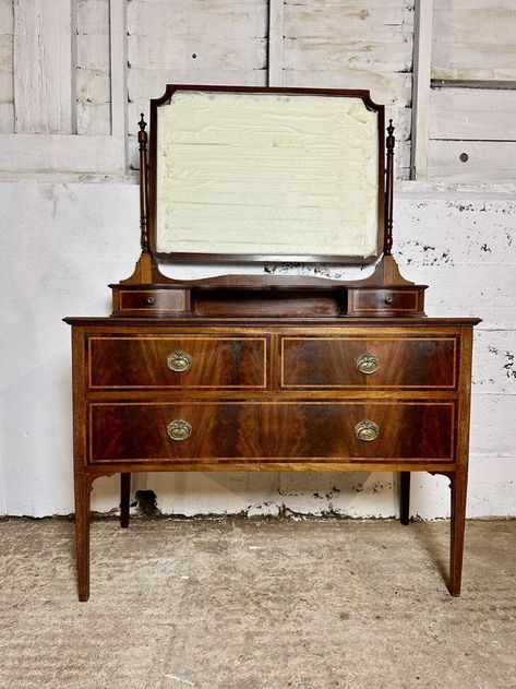 A RARE BEAUTIFUL EDWARDIAN ANTIQUE INLAID MIRRORED DRESSING TABLE CHEST C1910 Bevel Mirror, King George V, Vanity Drawers, Beautiful Desk, Kids Dressers, English Furniture, Dressing Mirror, Pull Handles, Antiques For Sale