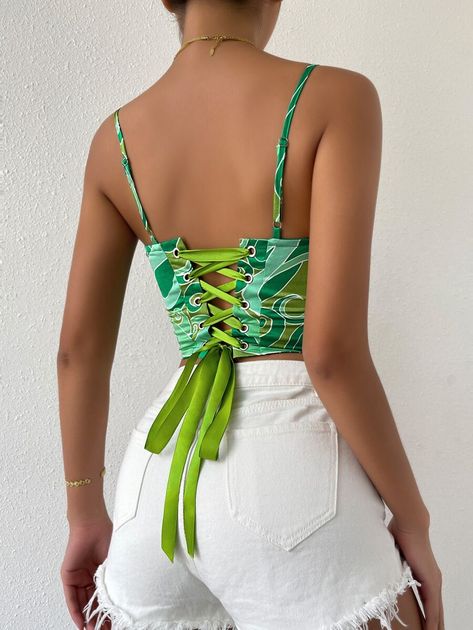 Allover Print Lace Up Backless Cami Top | SHEIN USA Materials Gown Style, Backless Cami Top, Green Corset, Casual Dresses Plus Size, Lace Up Corset, Backless Crop Top, African Fashion Women Clothing, Corsets And Bustiers, Classy Dress Outfits