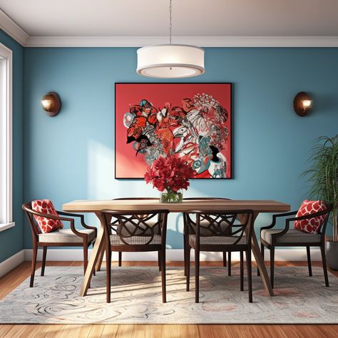 dining room with light blue walls and red accents Dining Room With Light Blue Walls, Light Blue Wall Dining Room, Slate Blue Dining Room Walls, Blue Walls Dining Room, Deep Blue Dining Room Walls, Red Accent Wall Dining Room, Blue Dining Room Walls, Dining Room Paint Colors, Light Blue Walls