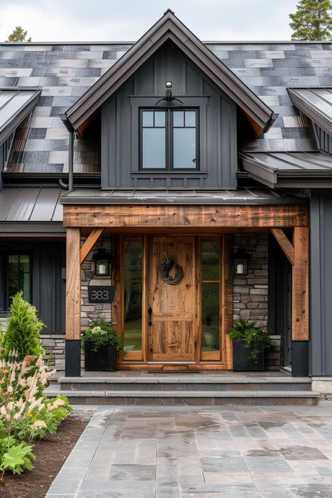 Front Door Colors on Gray House Ideas - Quiet Minimal Charcoal Grey House Exterior, Dark Grey Exterior House Colors, Dark Gray Houses, Charcoal Gray House Exterior, Charcoal House Exterior, Gray House Exteriors, Dark Gray House Exterior, Dark Grey Houses, Charcoal House