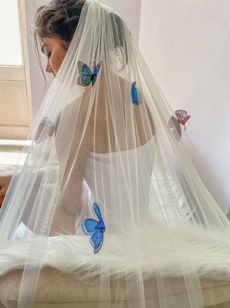 The Butterfly Garden Silk Tulle Veil | Butterfly Embellished Ivory White Bridal Veil | Vintage Cathedral Colorful Applique Long Train Veil Blue Butterfly Wedding, Butterfly Wedding Dress, Silk Tulle Veil, The Butterfly Garden, Tulle Gloves, Wedding Accessories For Bride, White Veil, Vintage Veils, Tulle Veil