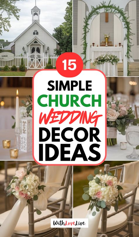 Create a breathtaking church wedding with minimal effort! 🌿⛪ Our simple decor ideas will guide you in transforming your venue into a romantic sanctuary. From tasteful centerpieces to serene lighting, find inspiration for every detail. Save this pin and start planning your dream wedding! 💕✨ Simple Wedding Church Decorations, Church Pew Wedding Decorations, Wedding Chapel Decorations, Wedding Church Decorations, Church Pew Decorations, Church Wedding Decor, Small Church Weddings, Simple Church Wedding, Church Aisle Decorations