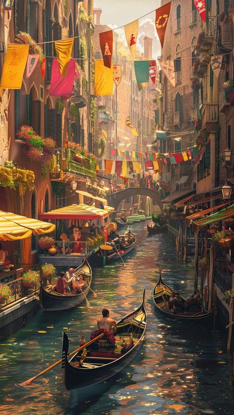 Fantasy Venice, Italian Boat, Italian Festival, Canal City, Venice Painting, Studio Ghibli Background, A Walk In The Woods, Going For A Walk, Venice Canals