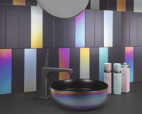 FLAT RAINBOW 7,5x30 cm./3"x11.8" - Wall tiling - Ceramics Cleaning White Walls, Rainbow Tile, Iridescent Tile, Exterior Tiles, Interior Tiles, Grill Restaurant, Metal Tile, Feature Tiles, Black Tiles