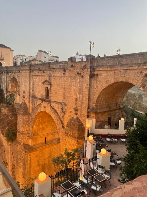 Aesthetic Bridge, Spring Restaurant, Spanish Aesthetic, Spain Spring, Wedding Settings, Spanish Summer, Spain Road Trip, Ronda Spain, Restaurant Aesthetic