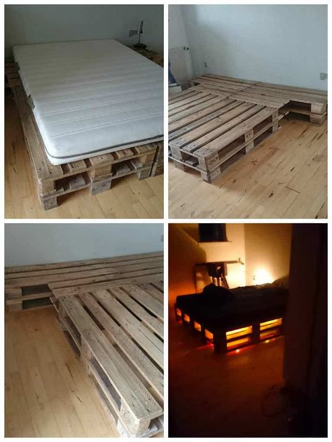 For this pallet bed, I've used eight pallets that I've sanded, waxed and polished. Then, I've stacked them two by two, set up vertically and horizontally and sawn to adjust the horizontal pallets with those vertical.  8 paller, slebet, vasket og slebet igen, 2 og 2 lagt ovenpå hinanden, sat s... #Bedroom, #Light, #PalletBed, #PalletBedFrame, #RecyclingWoodPallets #DIYPalletBed,PalletHeadboardFrame Pallet Bed Headboard, Wood Pallet Bed Frame, Pallet Bed Frames, Pallet Bed Frame, Repurpose Pallets, Diy Pallet Bed, Pallet Size, Pallet Headboard, Pallet Beds