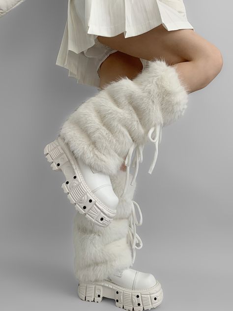 Step into the enchanting world of autumn and winter fashion with our White Self-tie Bowknots Faux Fur Leg Warmers. Adorned with delicate, self-tie bowknots, these leg warmers offer a customizable fit and an extra dose of kawaii cuteness. The classic white hue complements any outfit. Garment Size SizeFree SizeFull Length40Cuff28/42 White Boots With Fur, White Fur Accessories, Leg Warmers Fur, Flared Leg Warmers Outfit, White Fur Leg Warmers, White Rave Fit, White Fluffy Outfit, White Grunge Outfit, Christmas Clothes Aesthetic