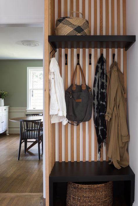 Modern Mudroom, Mudroom Remodel, Front Closet, Mudroom Bench Seat, Entry Wall, Wood Slat Wall, Entry Design, Entryway Wall, Home Entrance Decor