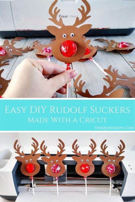 Looking for a quick & easy Christmas Treat for your Kids Christmas Parties, friends & stocking stuffers? Check out these DIY Rudolf Suckers! #CricutMade #ReindeerSuckers #ChristmasDIY Kids Christmas Parties, Easy Christmas Treat, Cricut Projects Christmas, Class Christmas Gifts, Diy Stocking Stuffers, Cricut Christmas Ideas, Kids Christmas Party, Christmas Treat, Christmas Favors